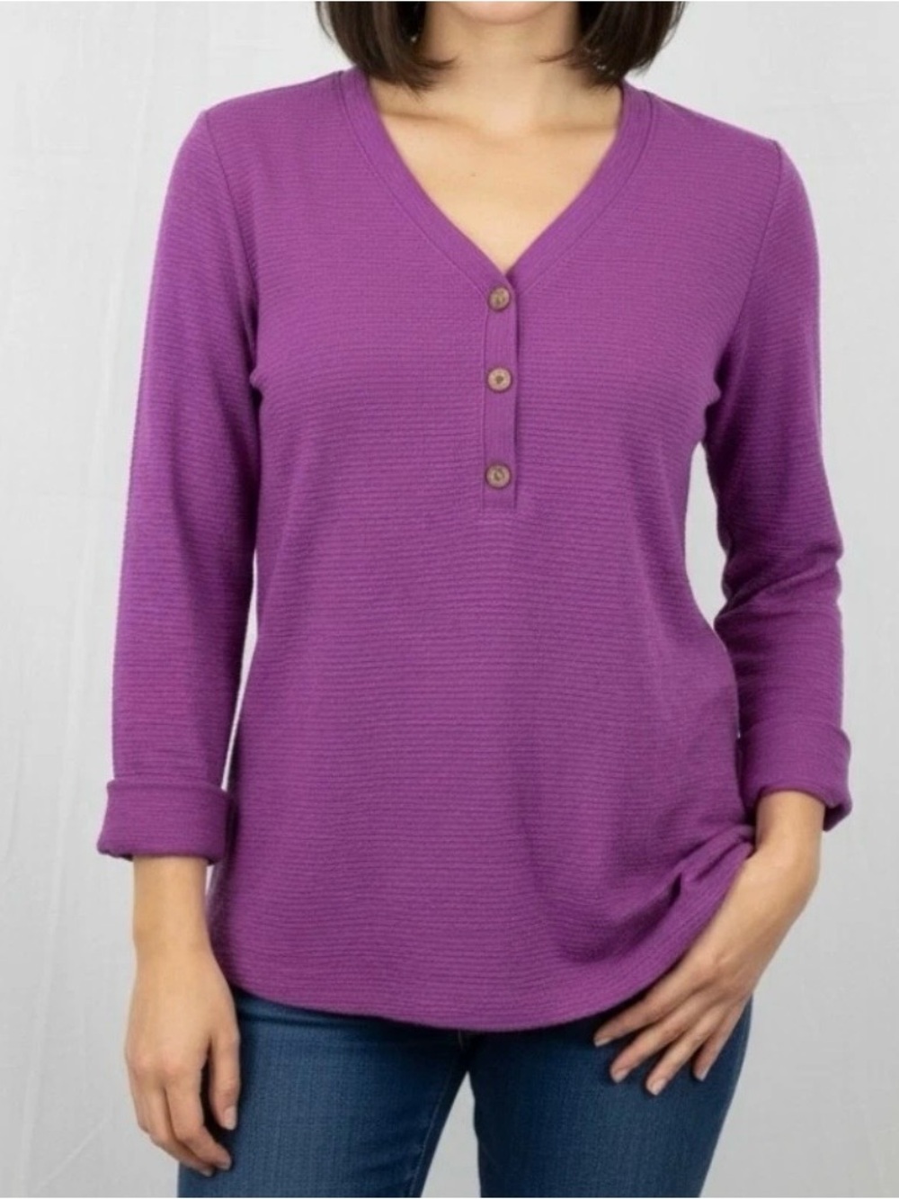 J. Jill Top Henley Knit Sz Medium Textured 100% Cotton Rolled Cuff Purple Casual